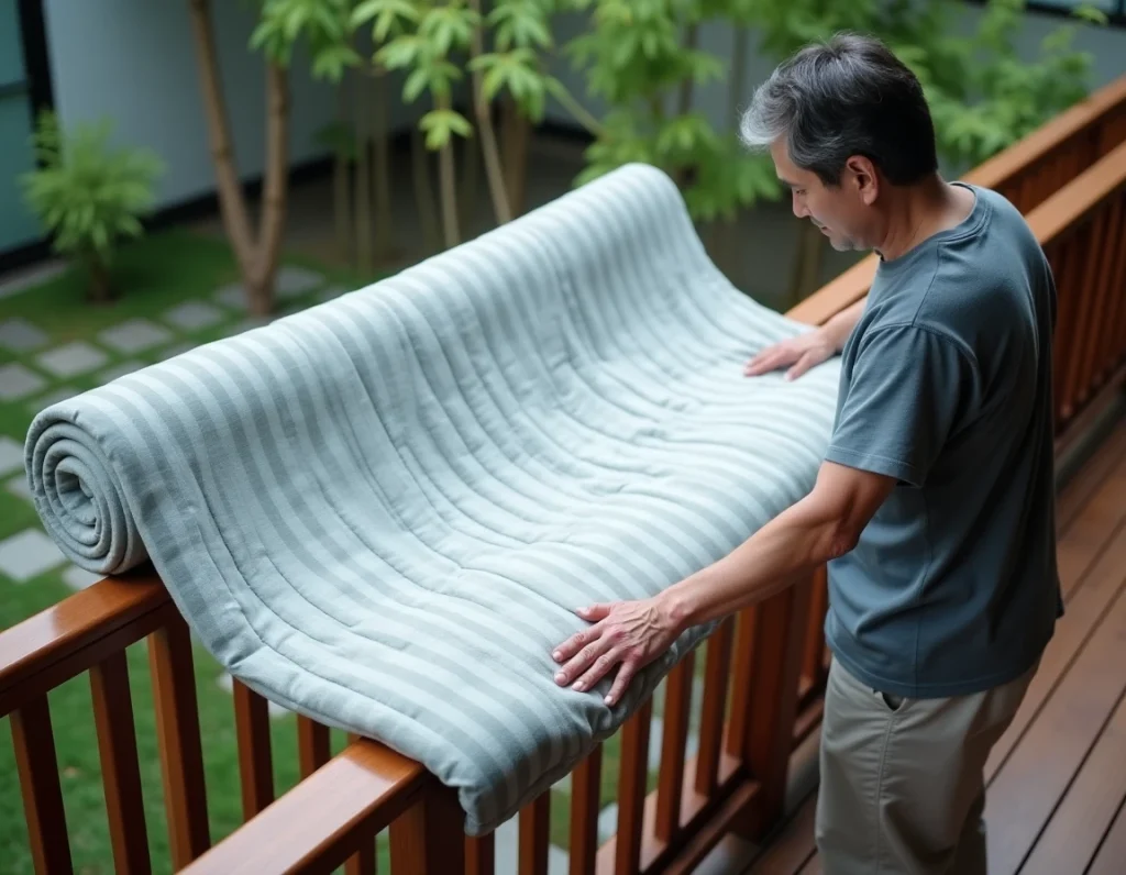 Homme aérant un futon japonais roulé sur le balcon d'une maison avec jardin