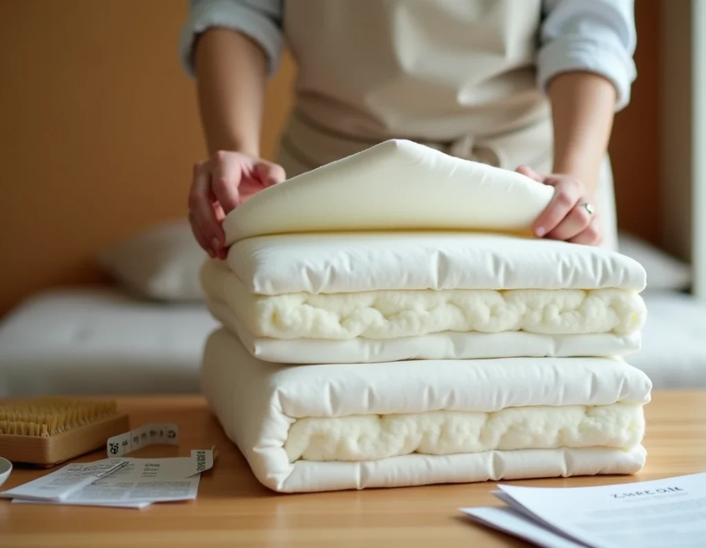 Femme retournant les couches d'un futon japonais pour entretenir sa fermeté dans une chambre épurée