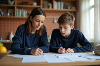 Mère monoparentale et son fils adolescent examinant des documents administratifs à la table de la cuisine dans un foyer monoparental
