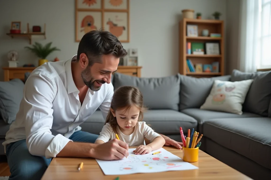 Père monoparental jouant avec sa fille dans le salon d'un foyer monoparental, illustrant la garde parentale unique