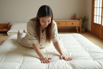 Femme vérifiant la fermeté d'un futon japonais posé sur tatami dans une chambre minimaliste