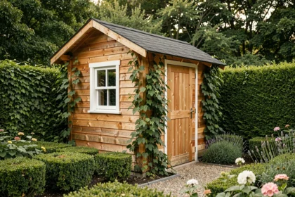 Abri de jardin en bois naturel intégré dans une haie verte avec allée en gravier