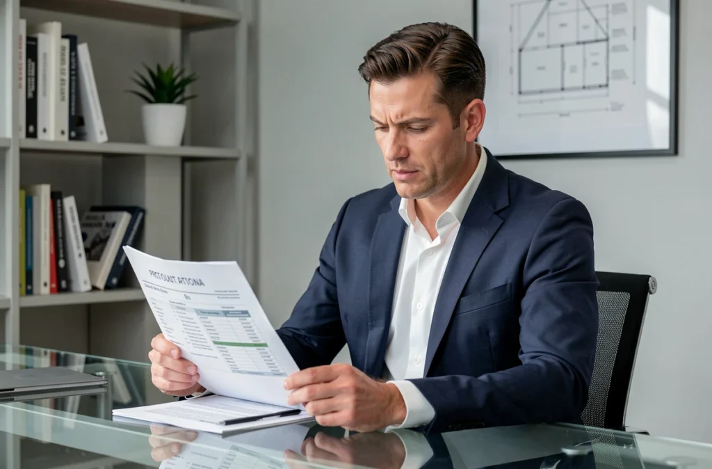 Agent immobilier analysant un rapport d'estimation dans un bureau décoré avec soin, symbolisant le lien entre décoration intérieure et valorisation du bien
