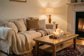 Salon cosy avec éclairages multiples superposés, bougies, lampe de table et lueur de cheminée créant une ambiance chaleureuse