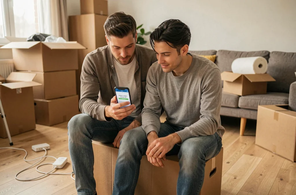 Couple consultant un calendrier sur smartphone pour anticiper la mise en service internet dans leur nouveau logement