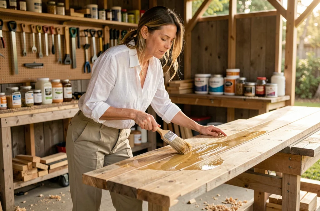 Femme appliquant de l'huile protectrice sur une table de jardin en bois dans un atelier extérieur avant la saison estivale