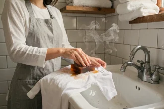Jeune mère appliquant du savon fiel de bœuf sur un body bébé en coton blanc au-dessus d'un évier en porcelaine