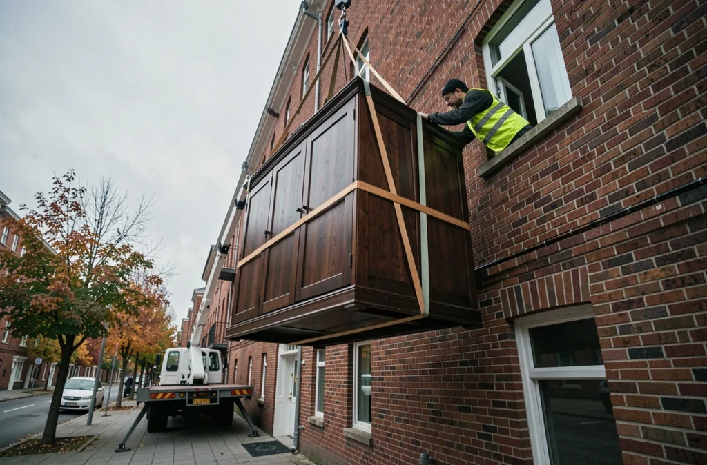 Une grande armoire en bois sombre suspendue par un monte-meuble devant un immeuble en briques lors d'un déménagement urbain