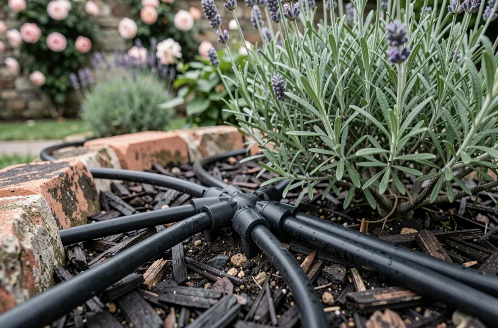 Système d'arrosage goutte-à-goutte installé dans un massif de lavande et de romarin avec émetteurs et micro-tubes