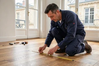 Artisan qualifié installant un parquet en bois dans un appartement rénové à Nantes