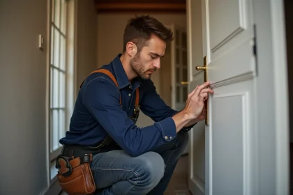 Artisan qualifié installant une poignée de porte dans un appartement alsacien à Strasbourg, petits travaux du quotidien