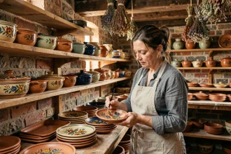 Artisane peignant une poterie traditionnelle alsacienne dans l'atelier de la Poterie Beck à Soufflenheim, entourée de céramiques colorées sur des étagères en bois