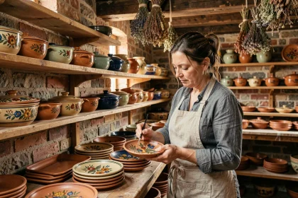 Artisane peignant une poterie traditionnelle alsacienne dans l'atelier de la Poterie Beck à Soufflenheim, entourée de céramiques colorées sur des étagères en bois