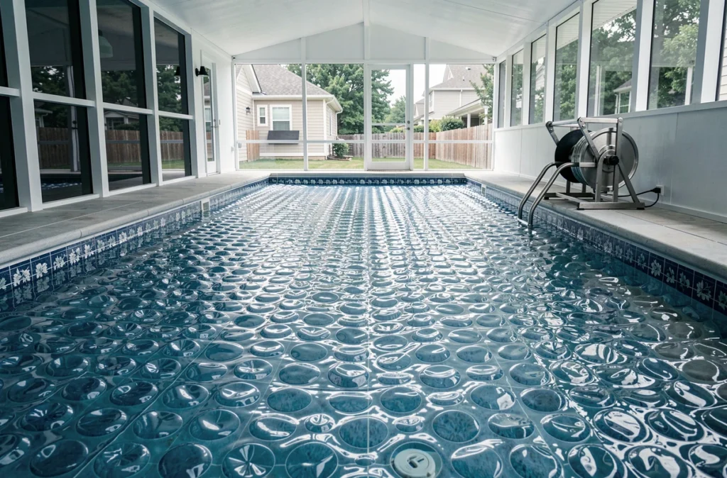 Bâche à bulles solaire déployée sur une piscine intérieure avec enrouleur en inox au bord du bassin