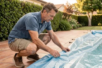 Homme installant une bâche de protection sur une piscine extérieure pour réduire l'évaporation de l'eau