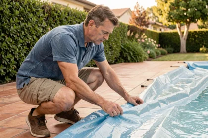 Homme installant une bâche de protection sur une piscine extérieure pour réduire l'évaporation de l'eau