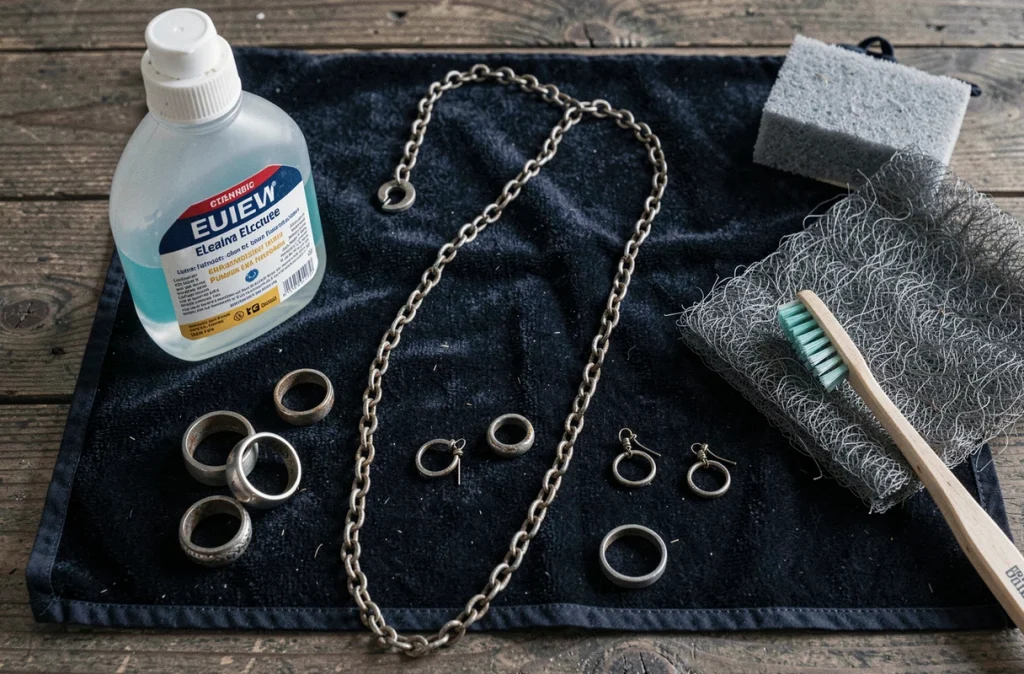 Bijoux en argent noirci posés sur velours bleu avec produits ménagers à éviter pour le nettoyage