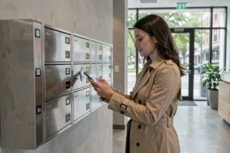 Femme utilisant une boîte aux lettres connectée dans le hall d'un immeuble moderne grâce à son smartphone