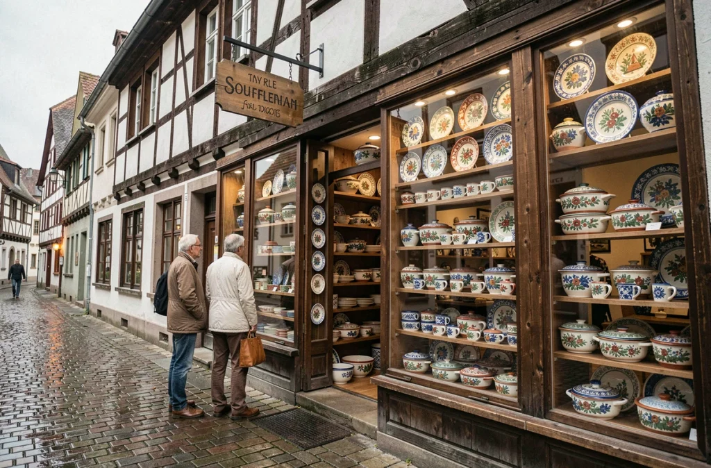 Façade traditionnelle à colombages de la boutique de poteries de Soufflenheim avec des céramiques alsaciennes colorées exposées en vitrine et des clients qui les admirent