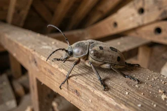 Gros plan d'un capricorne des maisons posé sur une poutre en bois de pin avec ses antennes et taches caractéristiques visibles