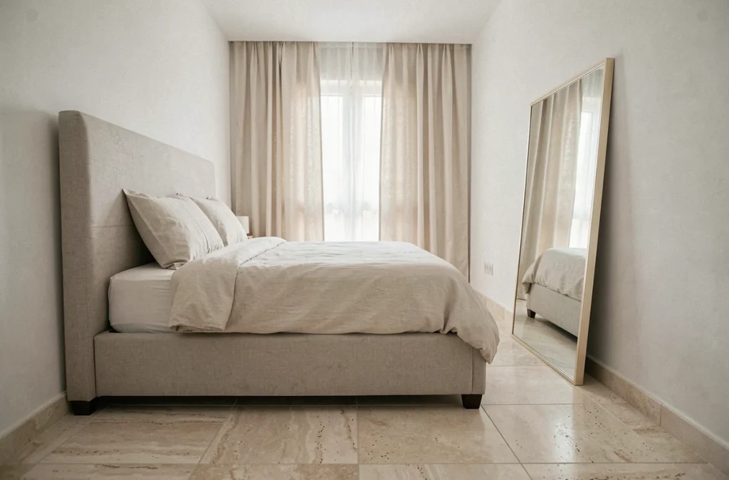 Chambre étroite avec lit positionné contre le mur latéral et grand miroir pour agrandir visuellement l'espace