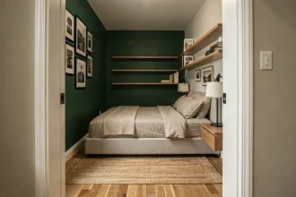 Chambre en longueur avec mur du fond peint en vert forêt et étagères horizontales pour casser l'effet couloir