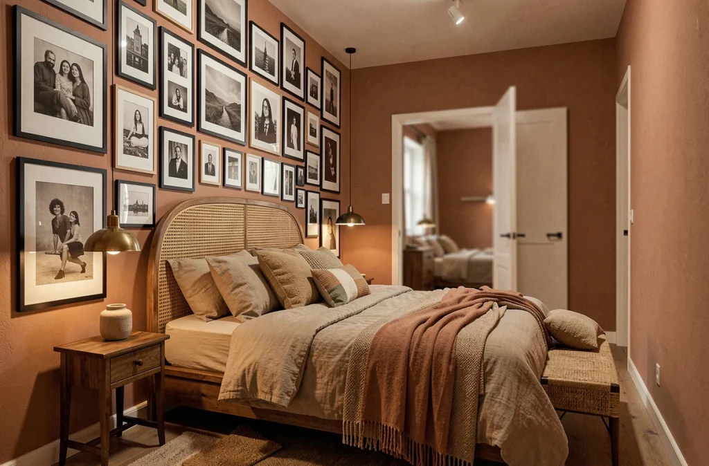 Mur galerie horizontal dans une chambre en longueur pour briser l'effet couloir avec des œuvres encadrées