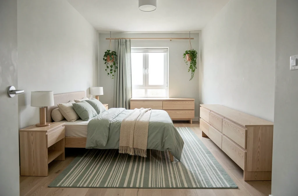 Chambre en longueur avec tapis rayé horizontal et mobilier latéral pour réduire visuellement l'effet couloir