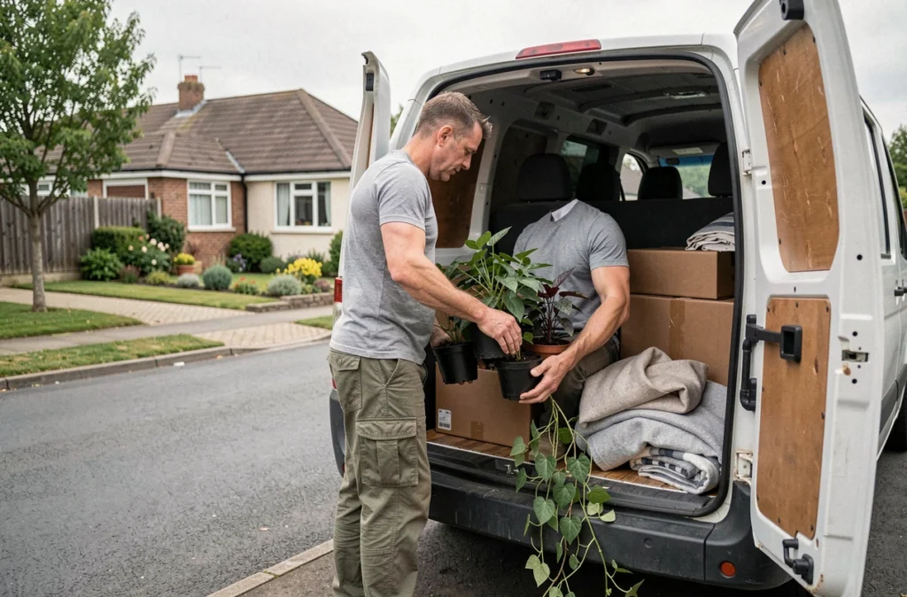Homme chargeant des plantes en pots dans un camion de déménagement devant une maison