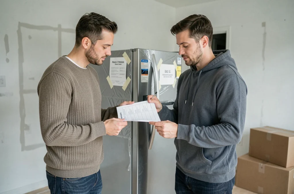 Couple vérifiant une checklist pour préparer leur réfrigérateur avant un déménagement dans un appartement vide