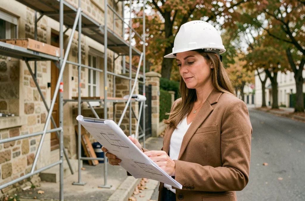 Chef de projet supervisant la rénovation d'une maison à Nantes avec plans sur tablette