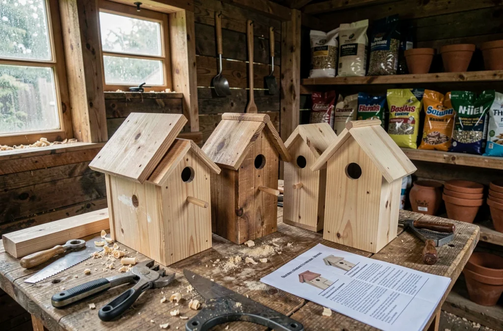 Collection de nichoirs artisanaux en bois aux formats variés posés sur un établi dans un atelier de jardin