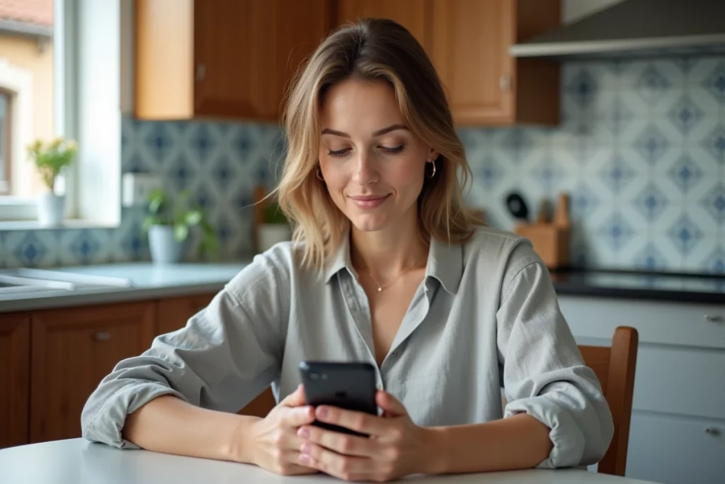 Femme utilisant une plateforme en ligne pour commander un artisan à Strasbourg depuis chez elle