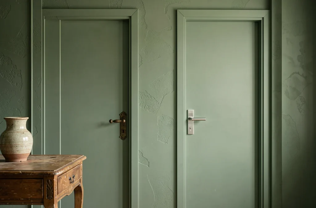 Comparaison avant-après de poignées de porte anciennes et modernes sur des portes vertes dans un appartement parisien