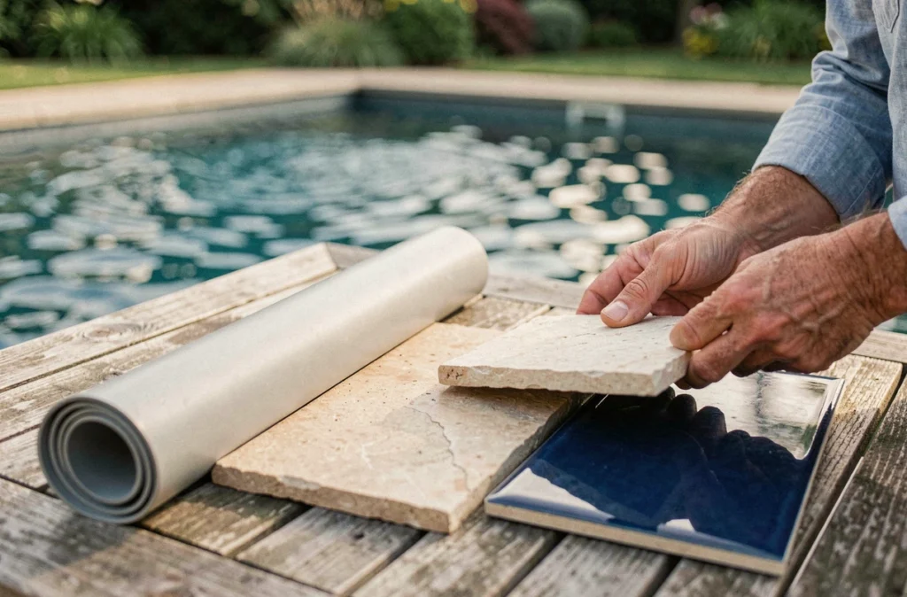 Échantillons de revêtements de piscine comparés sur une table en bois dans un jardin
