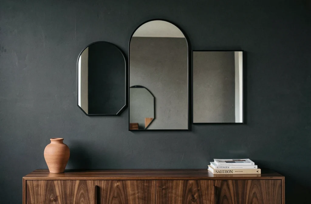 Composition de miroirs géométriques au cadre noir sur mur anthracite dans un salon contemporain