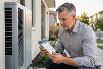 Conseiller en énergie examinant une pompe à chaleur résidentielle avec une tablette numérique pour évaluer la performance énergétique