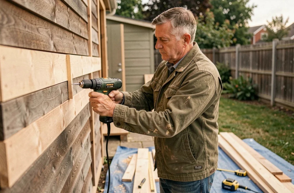 Homme installant des planches en bois sur la façade d'un abri de jardin en construction