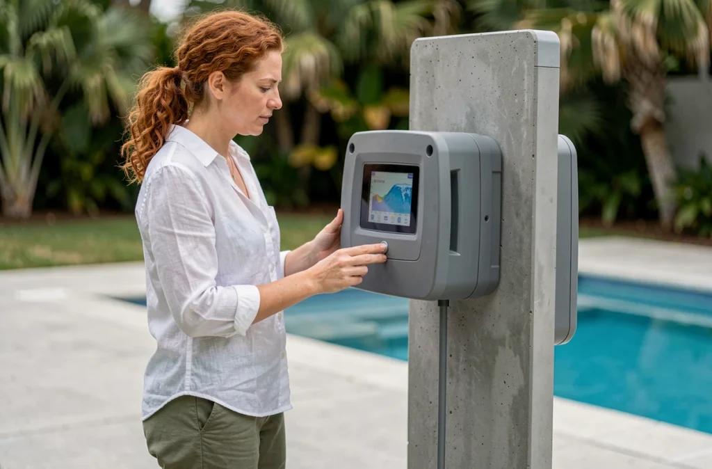 Femme consultant un système de contrôle numérique de la qualité et consommation d'eau de piscine