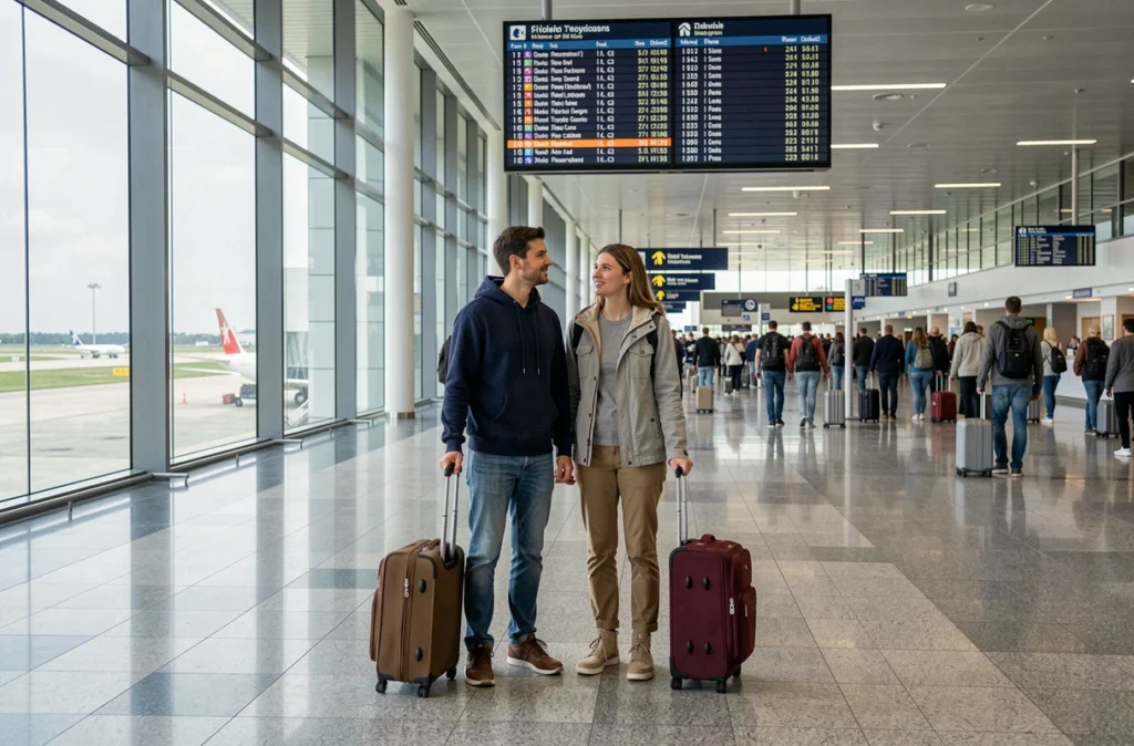 Couple en train de voyager dans un aéroport international avec bagages, à la recherche de bons plans vacances