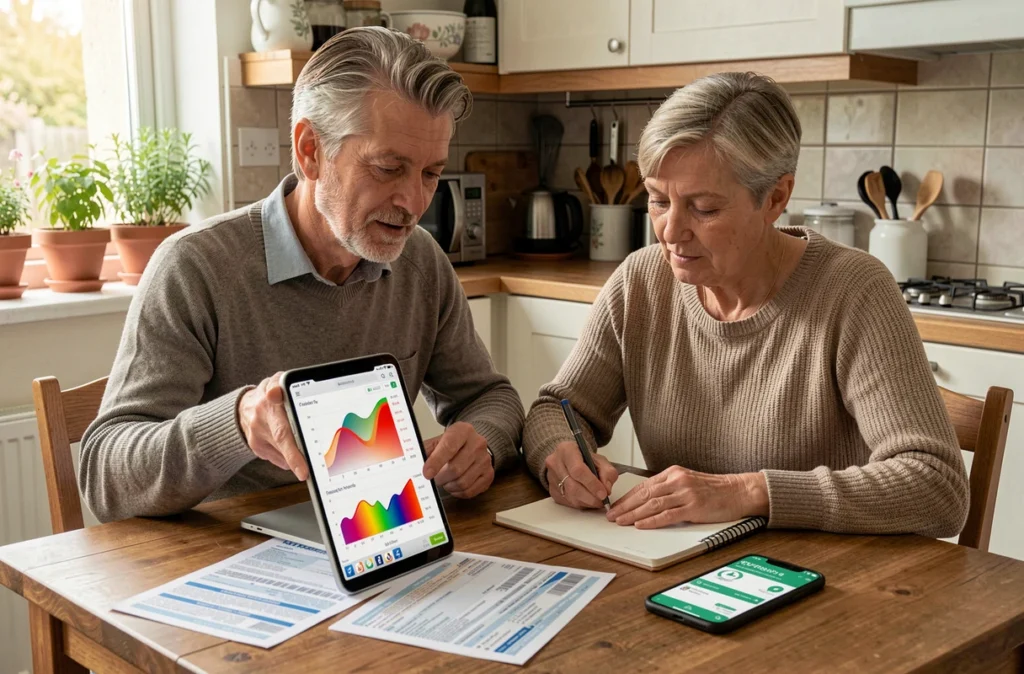 Couple analysant leurs factures d'énergie et les données de consommation sur un ordinateur portable pour optimiser leur performance énergétique à domicile