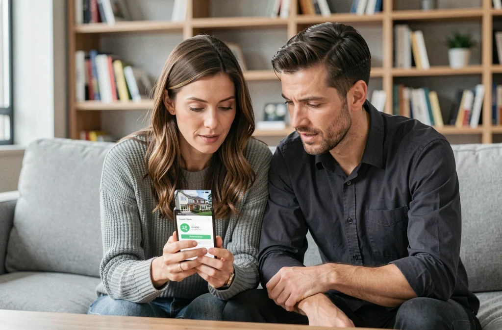 Couple analysant ensemble les prix sur l'application mobile lamaison360 dans leur salon moderne