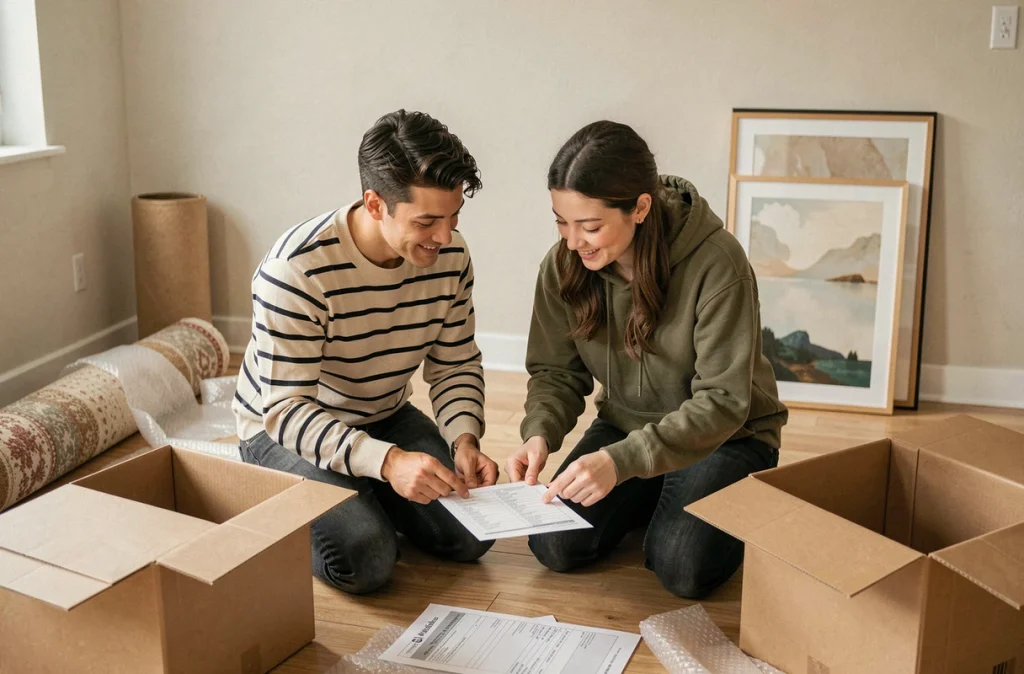 Couple comparant des checklists de déménagement entourés de cartons dans un salon en cours d'installation