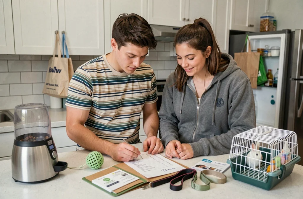 Couple consultant une liste de vérification pour organiser le déménagement avec leurs animaux domestiques dans une cuisine