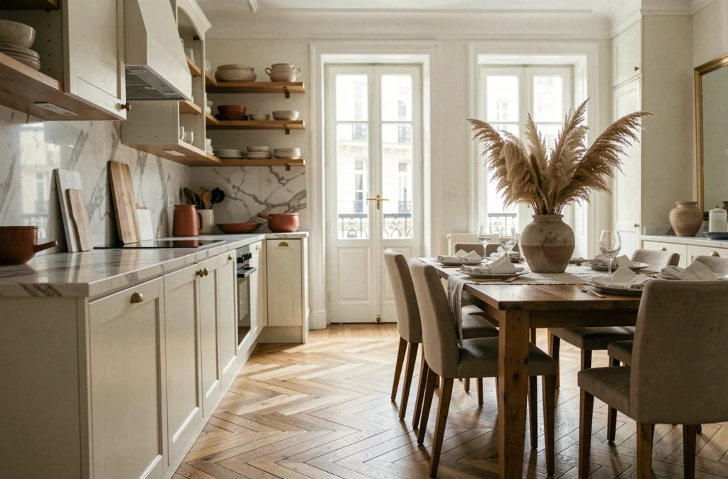Cuisine rénovée et décorée avec des matériaux haut de gamme dans un appartement parisien, mettant en valeur le potentiel de la décoration pour augmenter le prix de vente