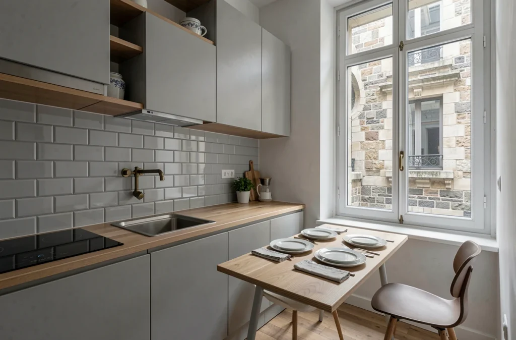 Cuisine-salle à manger étroite optimisée grâce à un système de mobilier modulable mural avec table rabattable