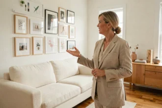 Femme devant un mur de tableaux dans un salon décoré avec soin, illustrant l'impact de la décoration intérieure sur la valeur d'un bien immobilier