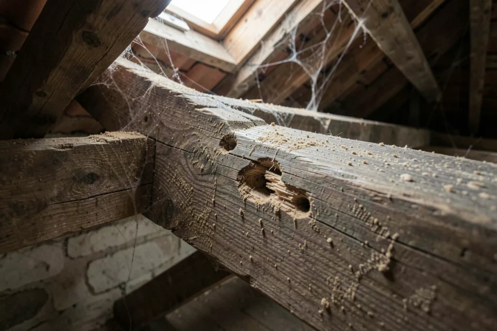 Poutres de charpente en bois avec trous de sortie ovales et sciure causés par le capricorne des maisons dans un grenier ancien