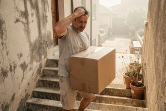 Homme portant des cartons lors d'un déménagement en été sous la chaleur dans un immeuble urbain
