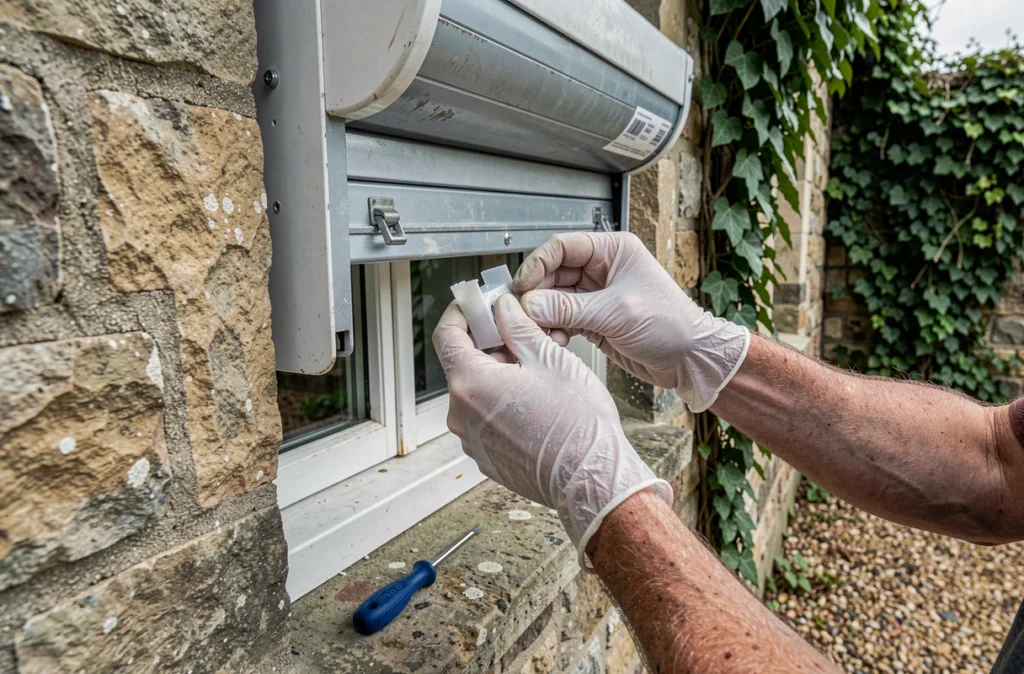 Mains en train de démonter le caisson d'un volet roulant sur une maison en pierre pour inspection et remplacement de pièces
